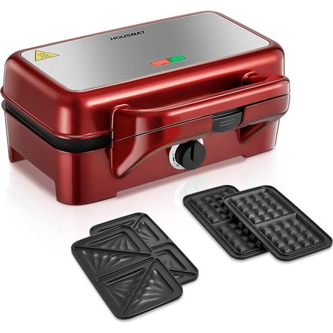 Gaufrier 3 in 1, Appareil à Croque Monsieur avec Contrôle de Température à 5 Vitesses, Pour Gaufres Belges, Revêtement Antiadhésif, Rouge (1/5)