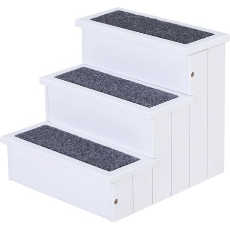Escalier 3 marches chien chat avec tapis et rangement - Bois sapin blanc 40.5x44.5x38 cm - Pour canapé et lit (1/5)