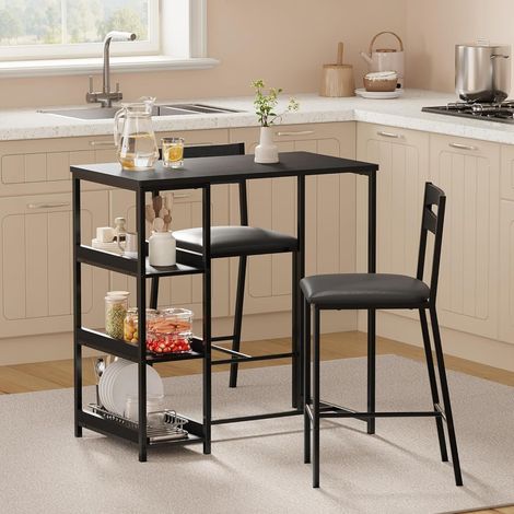 Ensemble Table à Manger Ronde et 2 Tabourets - Style Industriel avec 3 Étagères de Rangement - Gain de Place - Noir (1/5)