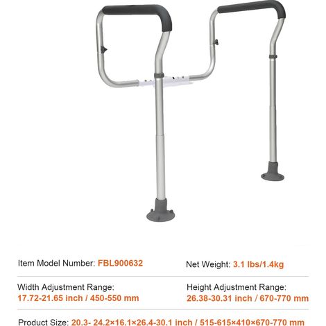 Barra de seguridad para inodoro, altura ajustable, estabilidad adicional, soporta hasta 136 kg (300 lbs). (1/2)
