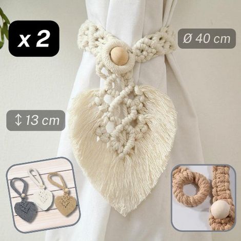 Coppia di fermatende bohémien da 40 cm con terminali in corda a forma di foglia in legno. (1/4)