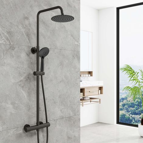 AICA Thermostatic Twin Head Mixer Shower Set Round Bar Matt Black Exposed Valve Twin (1/5)