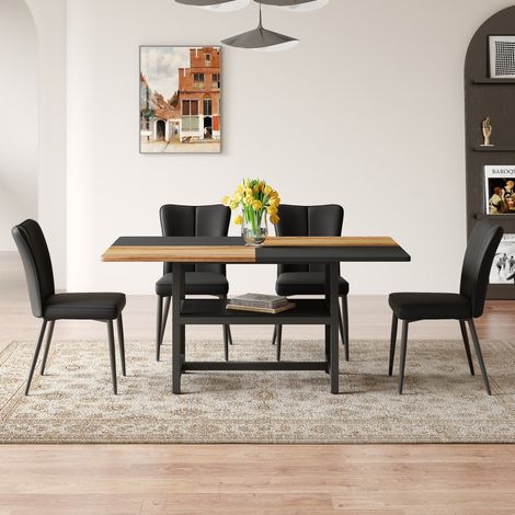Set tavolo da pranzo rettangolare 160 cm con contenitore, 4 sedie in PU nere (1/5)