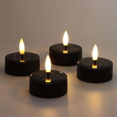 Ø 6 x 6 cm Lot de 4 bougies chauffe plat solaires pour l'extérieur, étanches, scintillantes, blanc chaud, sans flamme, en plastique, Dusk to Dawn