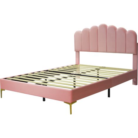 Letto matrimoniale imbottito 140 x 200 cm in velluto rosa con testiera regolabile e rete a doghe (1/5)