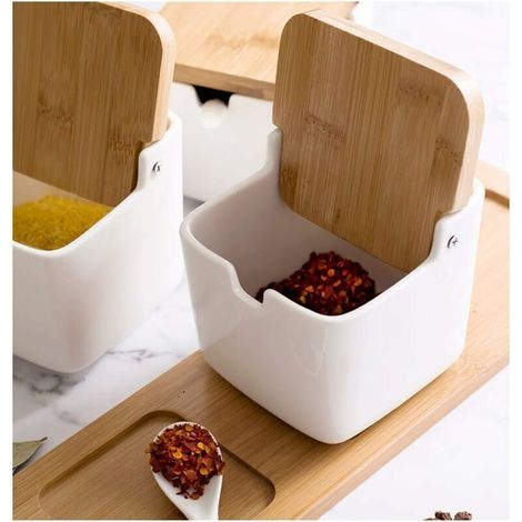 Pot à épices Pot à épices carré en céramique Porte-épices avec couvercle en bambou cuillère (blanc)-Fei Yu (1/2)