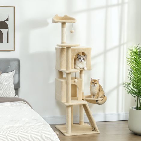 Tiragraffi per gatti da 160 cm con piattaforme, cuccia, 2 grotte, amaca, scaletta e pali in sisal beige.