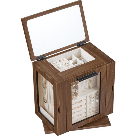 Coffre à Bijoux Rotatif 360°, 4 Tiroirs et Miroir, Boîte à Bijoux Doublée de Velours, 3 Portes en Acrylique, pour Collier, Bague, Bracelet, Boucle d'oreilles, Noyer Naturel et Beige EBH31JB04 (1/5)