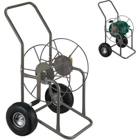 Relaxdays Hose Trolley, Up to 80 Meters, 2 Rubber Wheels, H x W x D: 93 x 62 x 50 cm, Steel, Brown