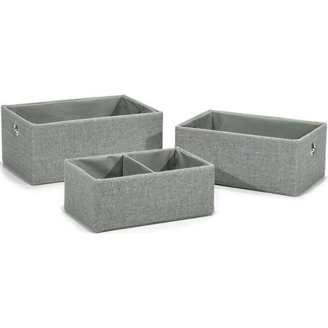 Set 3 Scatole Organizer Armadio Pieghevoli in Tessuto Grigio Spina di Pesce Cestini Portaoggetti Salvaspazio per Bagno e Dispensa di 3 Misure con Divisore e Occhielli in Metallo (1/5)