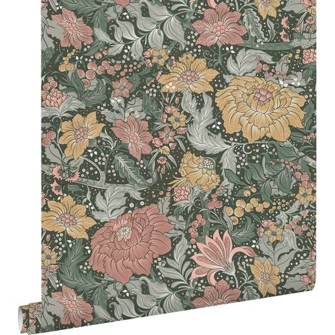 papier peint fleurs vintage bleu vert, vieux rose et jaune ocre - ESTAhome (1/5)