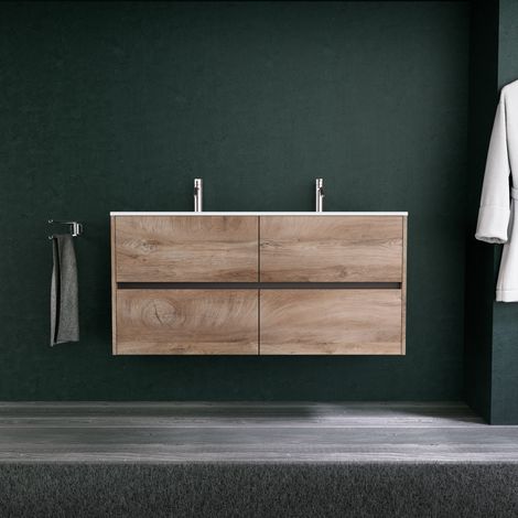 Inda - Badezimmerschrank 4 Schubladen L.120 mit Doppelwaschbecken matt / Natureiche - Diamante