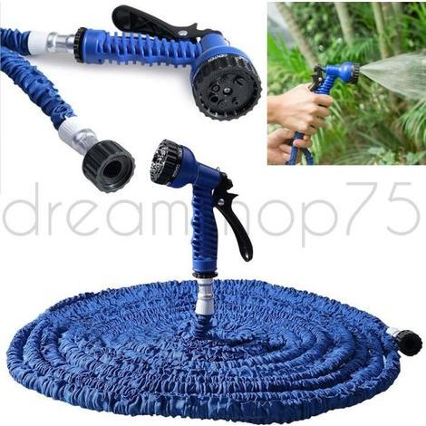 30 Meter langer blauer, einziehbarer und dehnbarer Gartenschlauch mit 7-Düsen-Spritzpistole. (1/5)