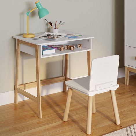 Juego de escritorio + 1 silla infantil ANATOLE con nicho blanco y madera