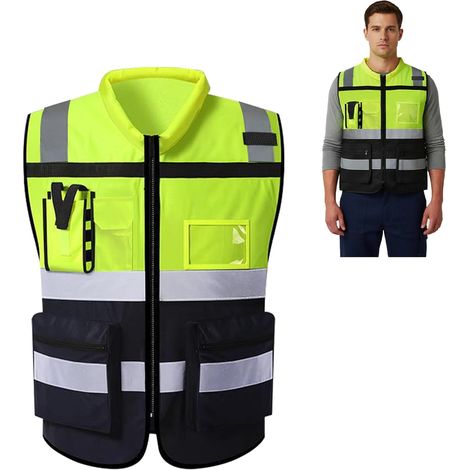 Gilet Réfléchissant, Gilet de Sécurité, Gilet de Travail Veste de Haute Visibilité, 7 Poches Gilets de Vélo avec Bandes Réfléchissantes Pour Construction, Travail à l'Extérieur Unisexe (1/5)