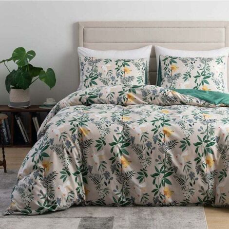 Housse de Couette 240260cm Motif Feuilles Beige Vert Parure de Lit Botanique Fleurie en Microfibre avec Fermeture Éclair - Linge de Lit Réversible Adulte avec 2 Taies d'oreiller 5075 cm