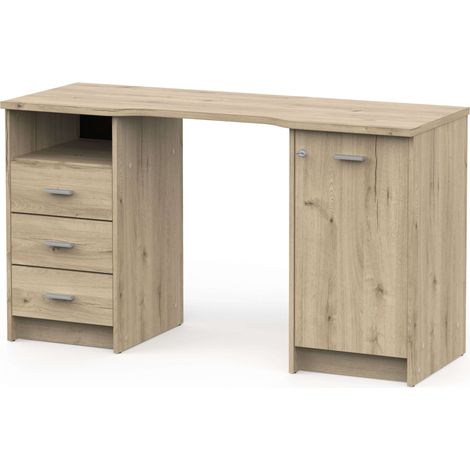 Bureau Monaco avec 3 tiroirs, 1 porte, 1 étagère et une niche en chêne artisanal de 135 cm pour le bureau et la maison (1/5)