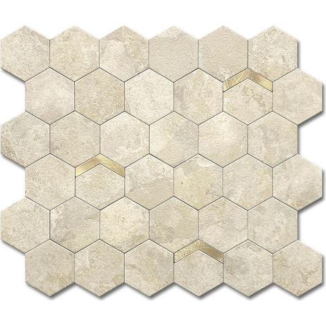 Carrelage à peler et coller pour dosseret, carrelage pour dosseret de cuisine à peler et coller Panneaux muraux hexagonaux en marbre (10 pièces, Beige Or) (1/5)