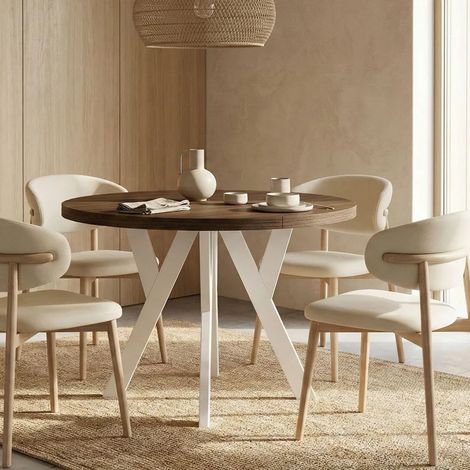 Table de salle à manger ronde extensible PERO, style loft, scandinave, diamètre : 100 / 150 cm, couleur : Franklin noyer / blanc (1/5)