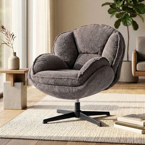 Poltrona moderna con schienale alto, in velluto con base a quattro razze, molle a S, girevole a 360°, grigia.