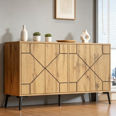 Credenza in MDF color legno con 4 ante e design geometrico 120 x 35 x 69 cm (1/5)