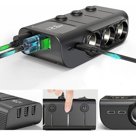 Chargeur Allume-Cigare de Voiture Socle Splitter 120W Adaptateur Allume-Cigare avec 3 Ports USB Interrupteur séparé Indicateur de Tension PD Charge Rapide pour téléphone Tablettes Dash Cam (1/5)