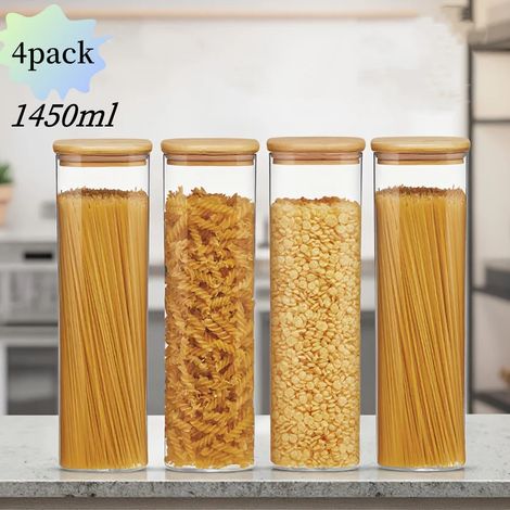 (1450 ml - 4 bouteilles) Bocaux carrés en verre hermétiques, rangement et organisation de la cuisine, bocaux de conservation avec couvercles en bambou (1/3)