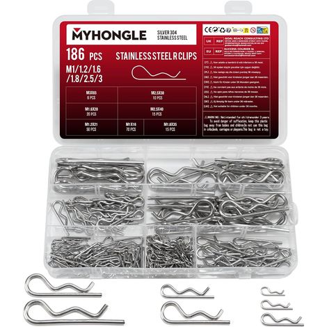 Assortiment de 186 goupilles de sécurité en acier inoxydable - Assortiment de broches à ressort en acier inoxydable - Assortiment de goupilles de verrouillage R - Goupilles métalliques pour voitures (1/5)