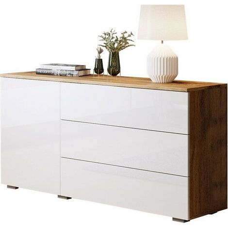 Commode Sarasota 128, Chêne wotan + Blanc brillant, Tiroirs et portes, Nombre de tiroirs: 3, 68x111x39cm (1/4)