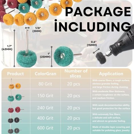 100 Pièces Meules à Polir Kit, 25mm Accessoires Dremel Polissage Abrasif Grain 80/150/240/400/600 Pour Outils Rotatifs Dremel Pour Polir Bijoux Bois (1/4)