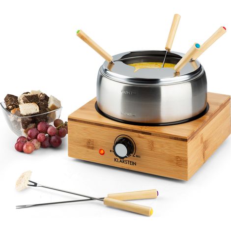Klarstein Bambus Fondue, 800 Watt, Edelstahl-Topf, Gerätebasis aus Bambus, Füllmenge 1,3 Liter max., Heizplatte aus Edelstahl, Thermostat, Gabelhalter-Aufsatz, 6 Edelstahl-Fonduegabeln, bambus