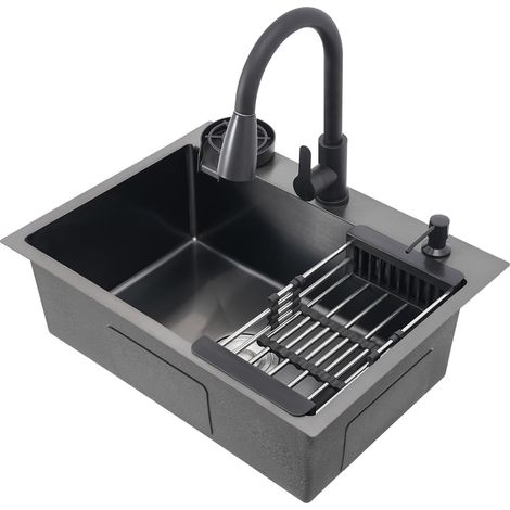 Évier de cuisine, 60 x 45 cm, en acier inoxydable, avec robinetterie extractible, distributeur de savon et panier d'égouttement, évier simple encastrable