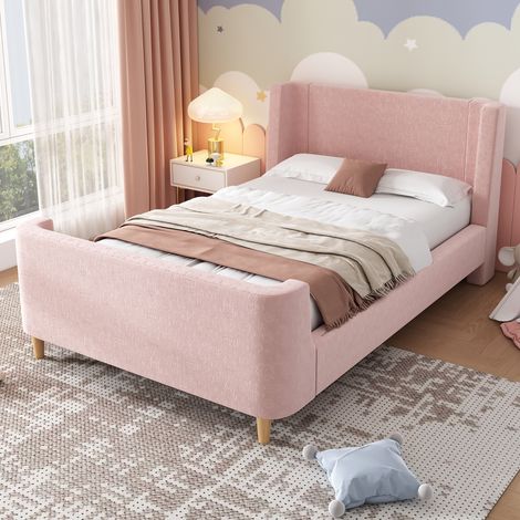 Lit rembourré enfant 90 x 200 cm thème spatial Lit simple avec Sommier à Lattes pieds en bois massif Rose Velours (1/5)