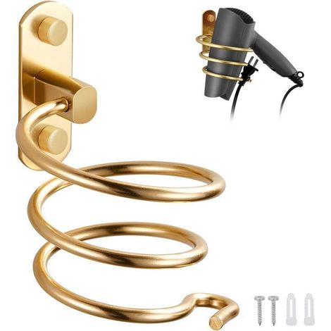 Hair dryer holder, wall-mounted hair dryer holder made of aluminum, cable holder for kitchen, bathroom, bathroom accessories (gold) (1/5)