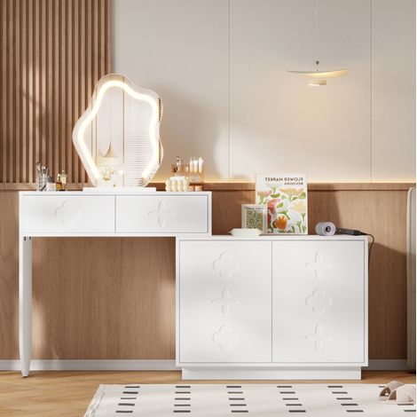 Coiffeuse avec miroir LED et rangements blanche OKMYHOME (1/5)