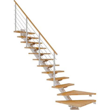 Dolle Mittelholmtreppe Sydney in Buche, geölt 75 cm breit 1/4 gewendelt für Geschosshöhen 259 – 315 cm UK Metall Weiß mit einseitigem Designgeländer