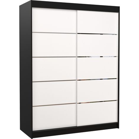 Armoire de chambre à coucher noir 2 portes coulissantes bois blanc et alu Kubik 150cm (1/5)