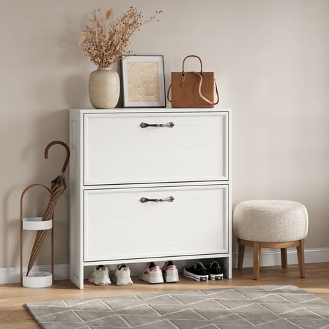 Énorme capacité et stabilité – Meuble à chaussures étroit 2 tiroirs basculants – Étagère réglable – Armoire cachée entrée/couloir – Blanc vintage (1/5)