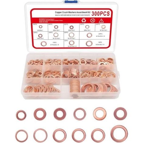 300 Stück Kupfer-Unterlegscheiben, Flachdichtungen, O-Ringe, 12 metrische Größen, Spezifikationen Kupfer-Dichtungsring (1/4)