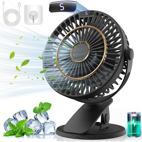 SHINING HOUSE Ventilateur de bureau rechargeable, mini ventilateur USB avec écran LCD, 5 vitesses, rotation à 720°, ventilateur portable silencieux, ventilateur de bureau pour bureau/maison/camping – (1/5)