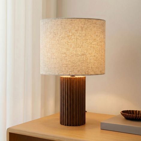 [NEUWERTIG] B-Ware Lindby Tischleuchte Kimiko LED Lampe Leuchte aus Walnussholz beige 38cm hoch (1/2)
