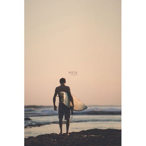papier peint panoramique surfeur avec planche de surf rouge grisé clair, bleu et noir - ESTAhome (1/5)