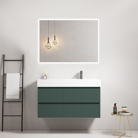 Mobile bagno sospeso cannettato 100 cm Verde Comodoro Lavabo a Destra in Resina Specchio Quadro Retroilluminato - Fiji Paint