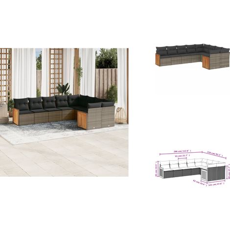 9-tlg. Garten-Sofagarnitur mit Kissen Grau Poly Rattan - Gartensorte - Gartenmöbelset - PE-Rattan Möbel - Outdoor Lounge Set - Wetterfeste Gartenmöbel (1/3)
