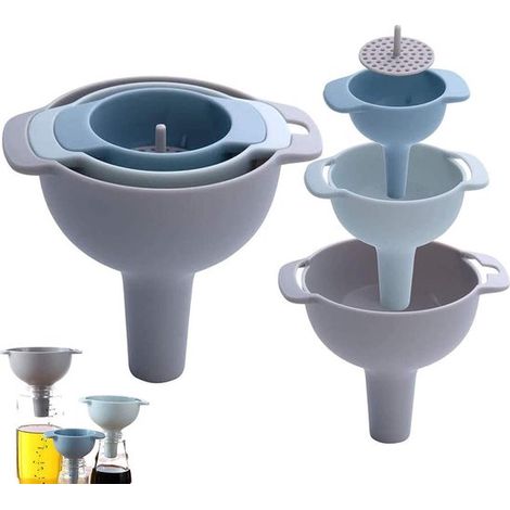 Lot de 3 entonnoirs de cuisine 4-en-1 emboîtables, avec filtre amovible, formats 60, 80 et 100 mm, pour huile, épices et liquides, gris et bleu (1/5)