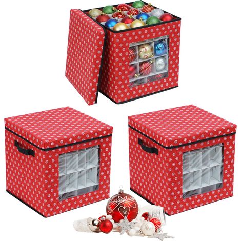 Relaxdays caja organizadora para bolas navideñas, set 3, alto x ancho x fondo: 33 x 33 x 33 cm, no tejido, cartón, roja