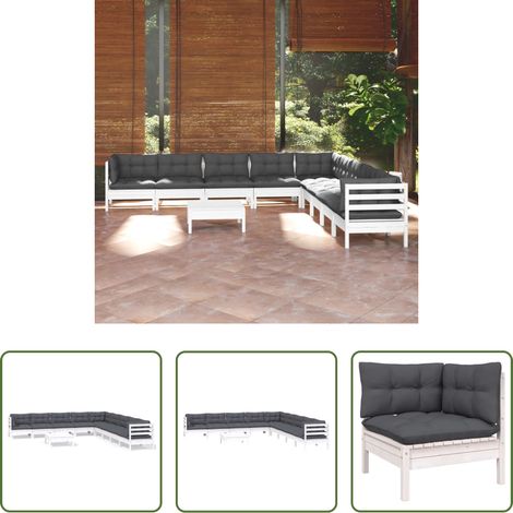 Terrassensofa - 10-tlg. Garten-Lounge-Set mit Kissen Weiß Kiefer Massivholz (1/5)