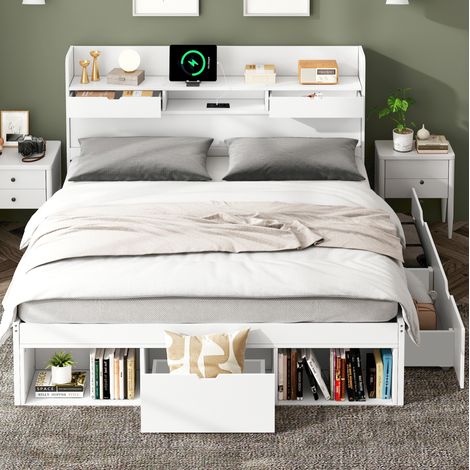 Letto adulto 160x200 cm con 3 cassetti, porta USB e vano comodino, bianco, materasso non incluso (1/5)