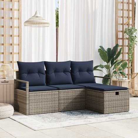 Sofa Set mit Kissen 4 pcs Grau und Marineblau Poly-Rattan (1/5)