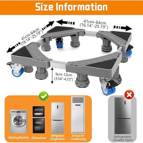 Base Réfrigérateur Réglable 41-64cm, Meuble Machine à Laver avec 4 Deux Roues et 8 Pieds Soutien, un Frein, Kit Superposition Universel pour Gros, Support Sèche Linge, Socle Lave Linge (1/4)
